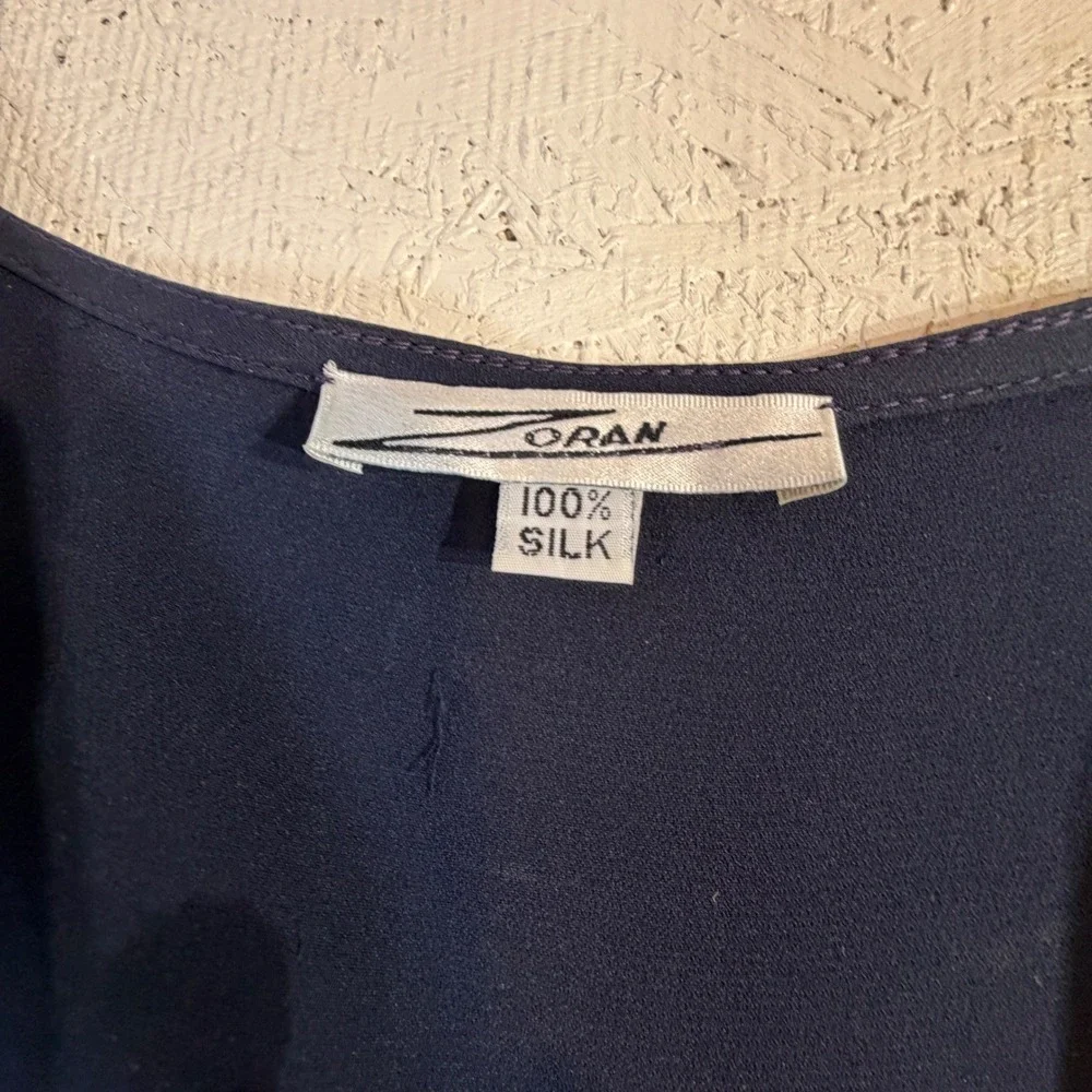 Vintage Zoran Silk Cardigan One Size Navy Open Front Side Slits READ